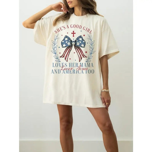 She's A Good Girl Loves Her Mama Loves Jesus And America Too Shirt, Coquette 4th Of July Shirt, American Girly Shirt,...
