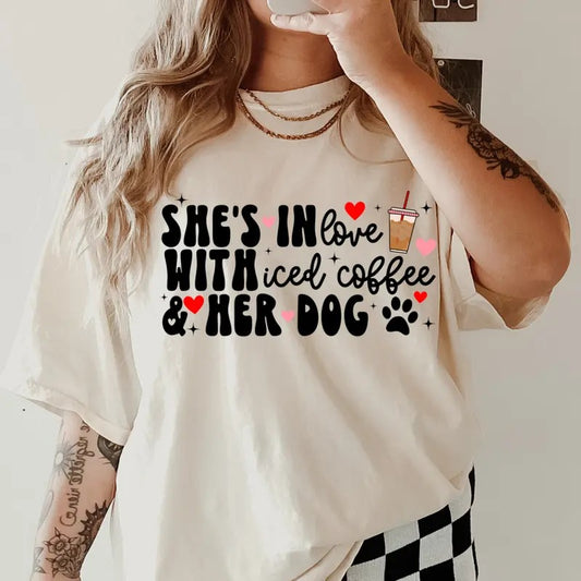She's In Love Coffee and her Dog Shirt~ Unisex Apparel Relaxed Fit Printed In The USA Clothing Womenswear Casual Comfort...