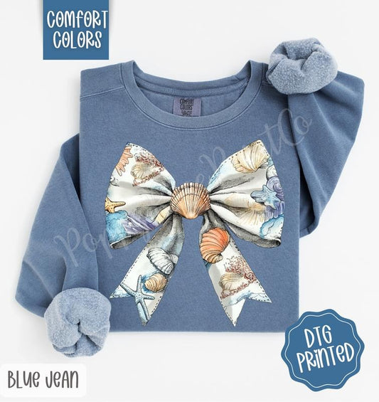 Shell Bow Comfort Colors Sweatshirt, Cute Summer Sweater, Girly Beach Crewneck T-Shirts, Hoodie | WearSparks.com