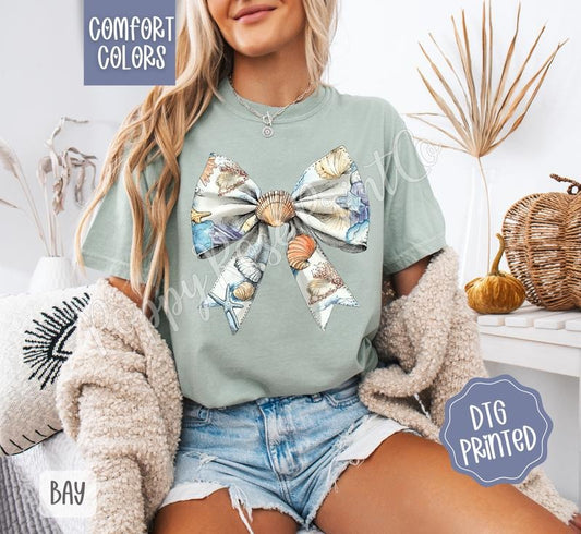 Shell Bow Comfort Colors Tshirt, Cute Summer Tee, Girly Beach Shirt Hoodie, Sweatshirt | WearSparks.com