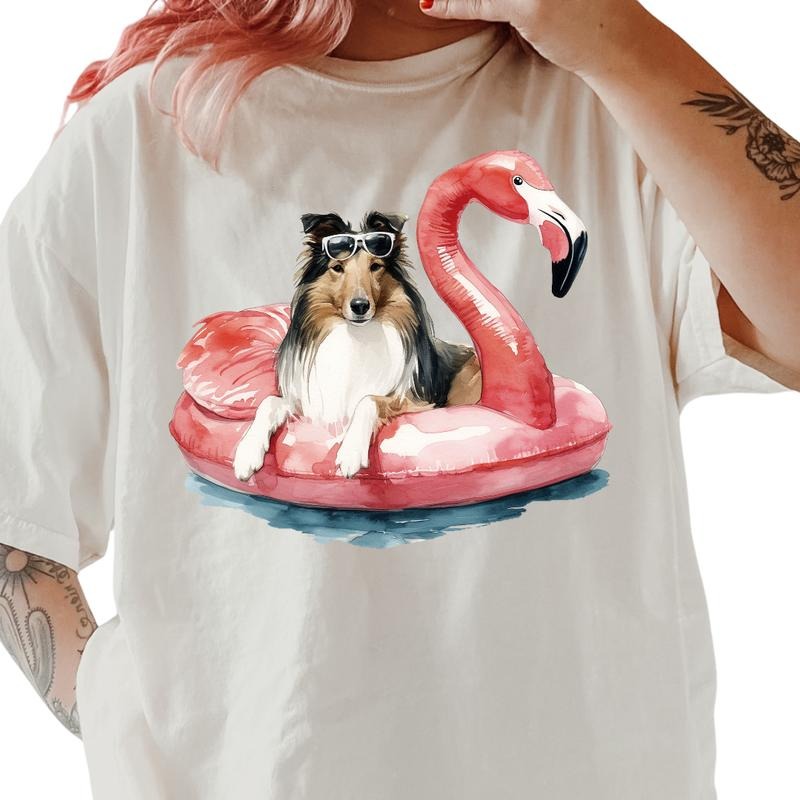 Sheltie Flamingo Float Dog Shirt ~ Unisex Apparel Relaxed Fit Printed In The USA Clothing Womenswear Casual Comfort...
