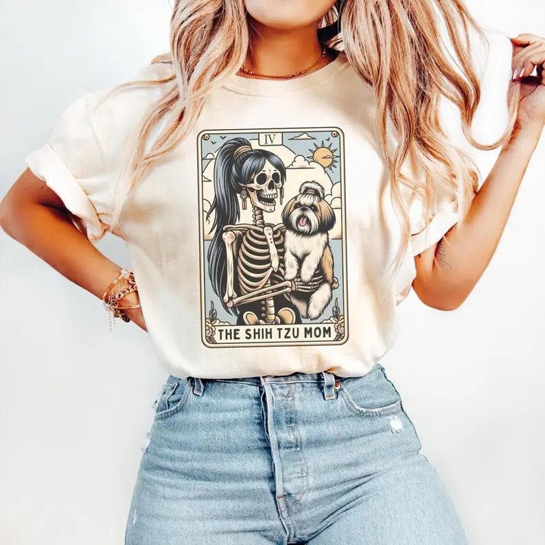 Shih Tzu Shirt, Shih Tzu Mom Tarot Card T-shirt, Fall Shih Tzu Halloween Tee, Gift for Shih Tzu Dog Mama, Skeleton Shih...