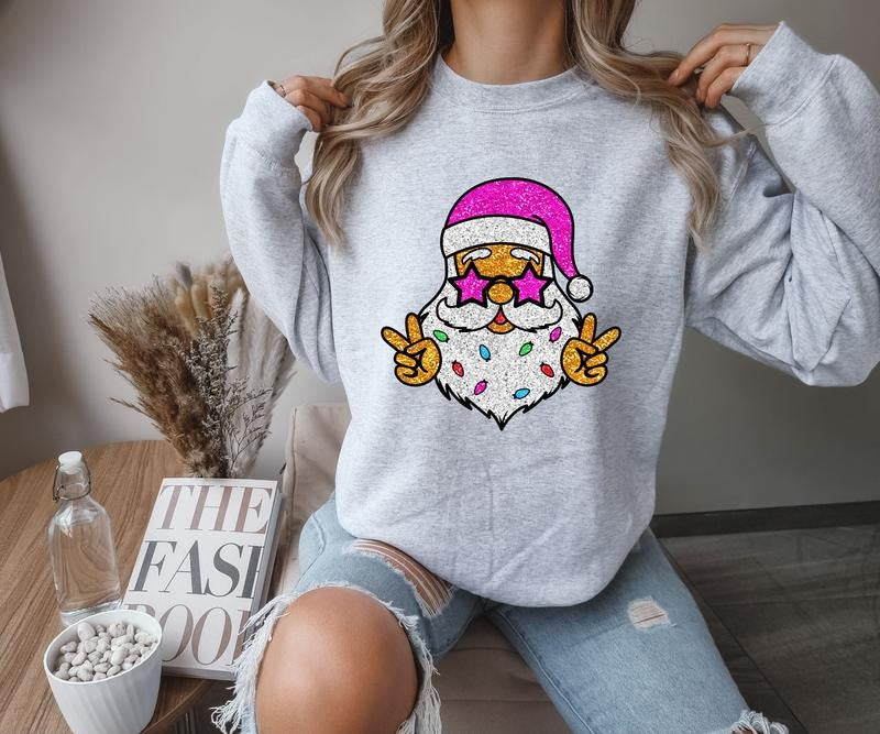 Shimmer Pink Santa Crewneck Sweatshirt Winter T-Shirts, Hoodie | WearSparks.com