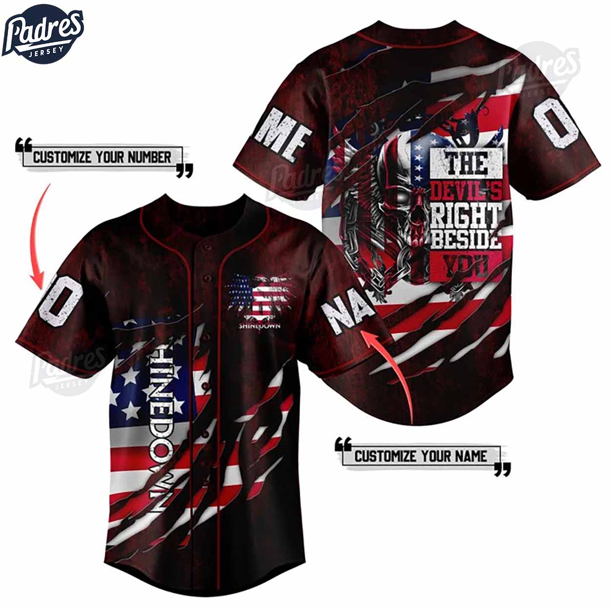 Shinedown Band USA Flag Custom Baseball Jersey - Padres Jersey Oasis: Elevate Your Baseball Style Game... (Image 1)