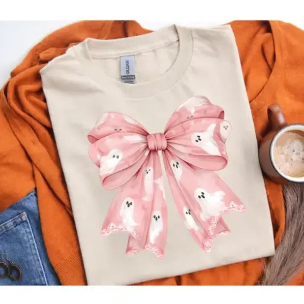 Short Sleeve T-Shirt Halloween Ghosts Bow Hoodie, Sweatshirt | WearSparks.com