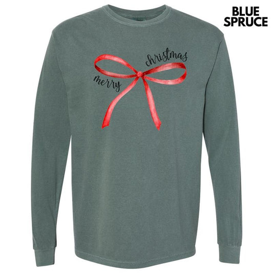 Simple Christmas Bow Long Sleeve Comfort Colors T-Shirt 'NLB' Hoodie, Sweatshirt | WearSparks.com