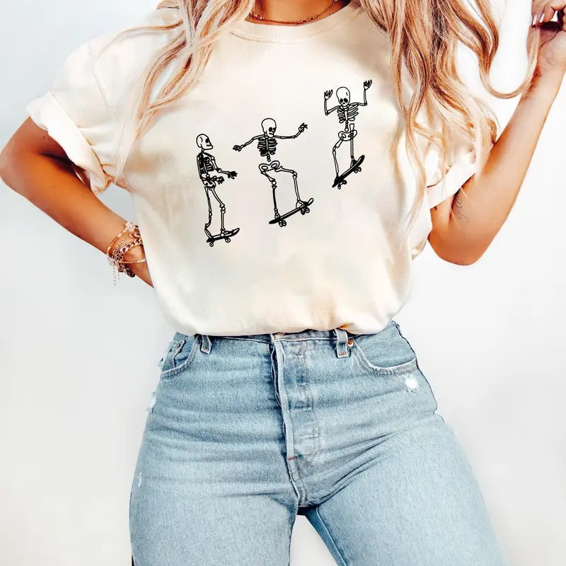 Skateboarding Skeletons Shirt, Skateboarding Skeletons Sweatshirt, Skeleton Trendy Halloween Tee, Halloween Skeleton...