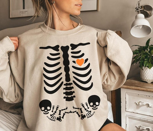 Skeleton Halloween Maternity Sweatshirt Funny Twin Pregnancy Announcement Shirt Pregnant Women Costume Fall Twins Mom...