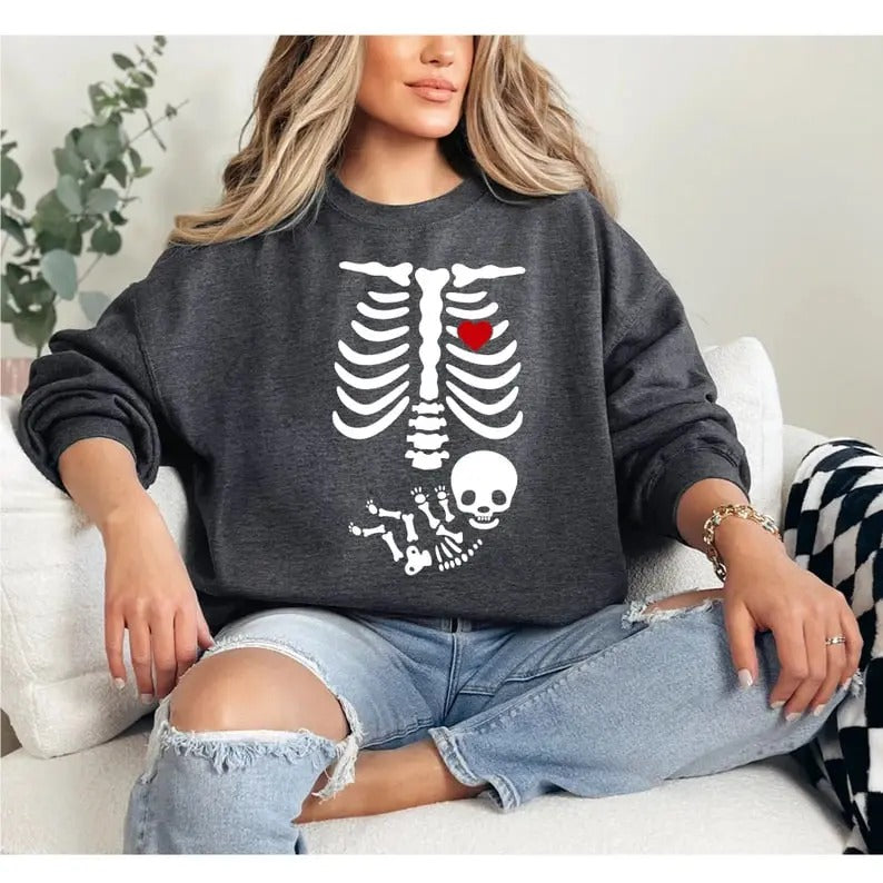 Skeleton Halloween Maternity Sweatshirt, Funny Pregnancy Announcement Shirt 2024, Pregnant Women Costume, Fall New Mom...