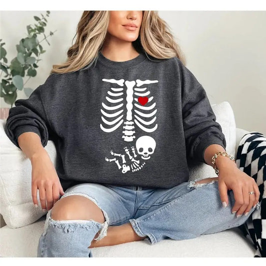 Skeleton Halloween Maternity Sweatshirt, Funny Pregnancy Announcement Shirt 2024, Pregnant Women Costume, Fall New Mom...