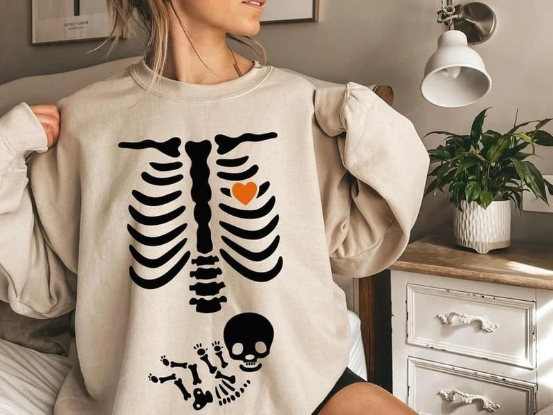 Skeleton Halloween Maternity Sweatshirt, Funny Pregnancy Announcement Shirt 2024, Pregnant Women Costume, Fall New Mom...