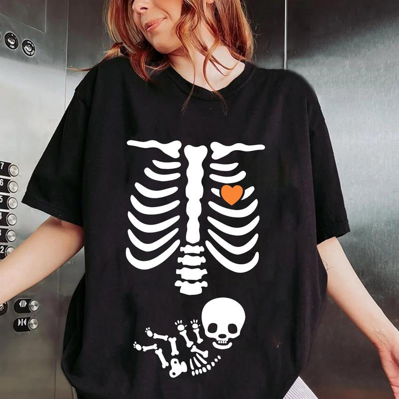 Skeleton Halloween Maternity T-Shirt, Funny Pregnancy Shirt, Baby Reveal Sweatshirt, Spooky Pregnant Tee Shirt, New Mom...