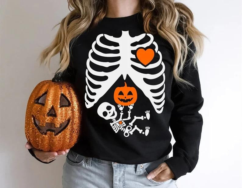 Skeleton Halloween Pregnancy Announcement Shirt, Maternity Sweatshirt, Funny 2024, Pregnant Women Shirt, Fall New Mom...