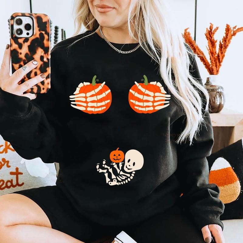 Skeleton Halloween Pregnancy Sweatshirt, Halloween Pregnancy Sweater, Spooky Mama Crewneck, Funny Pregnancy Sweater,...
