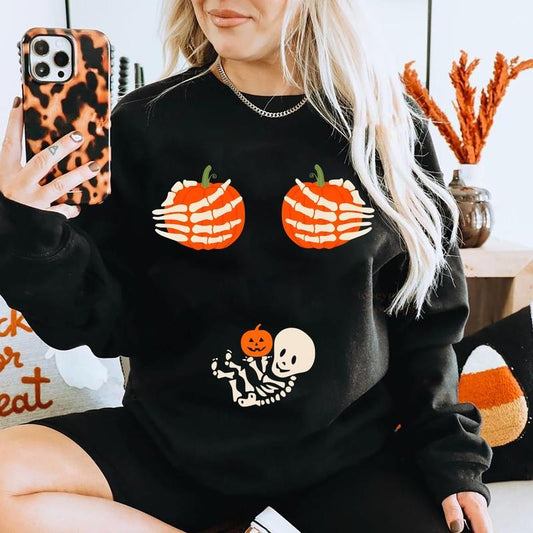 Skeleton Halloween Pregnancy Sweatshirt, Halloween Pregnancy Sweater, Spooky Mama Crewneck, Funny Pregnancy Sweater,...