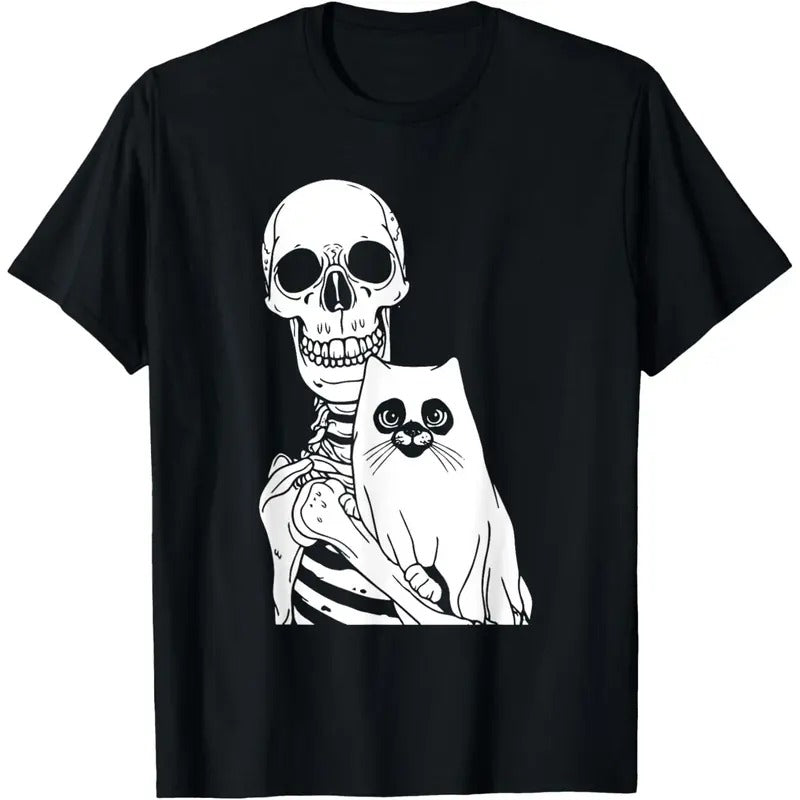 Skeleton Holding Cat Lazy Halloween Costume Skull Kitten T-Shirt made in usa Hoodie, Sweatshirt | WearSparks.com