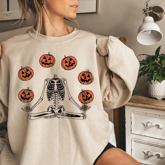 Skeleton Pumpkin Face Halloween Sweatshirt, Halloween Sweatshirt, Pumpkin Fall Autumn Sweater, Spooky Season Shirt,...
