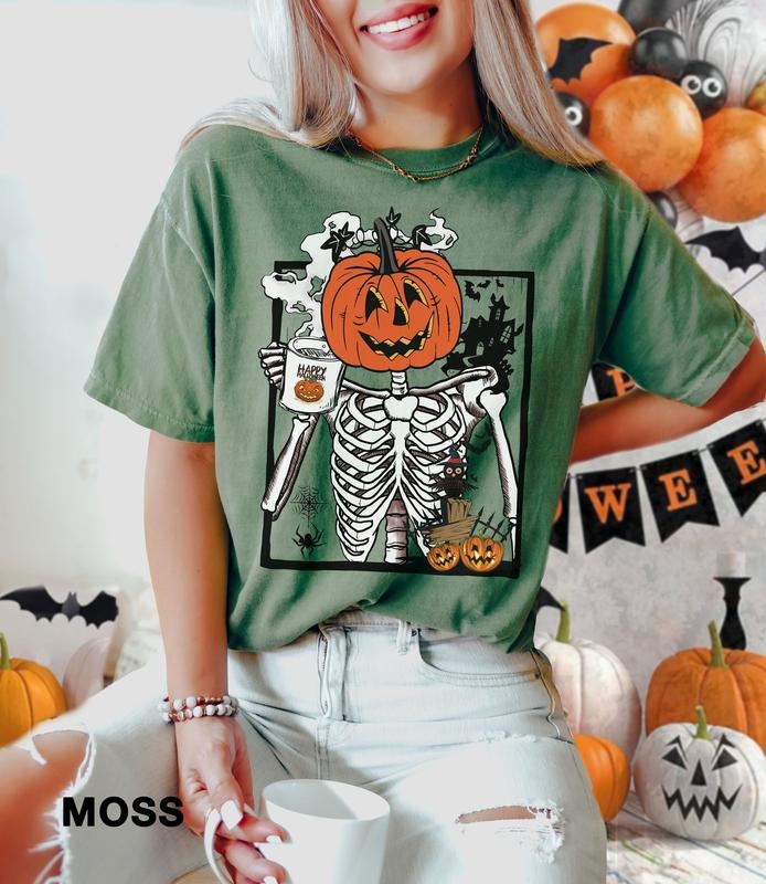 Skeleton Pumpkin Shirt, Halloween Coffee T-Shirt, Womens Fall Fashion shirt, HALLOWEEN Coffee t-shirt, iprintasty...