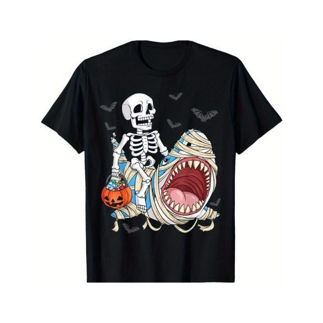 Skeleton Riding Mummy Shark Funny Halloween Pumpkin T-Shirt for Men, Unsex Soft Fabric, Breathable, Comfortable Short...