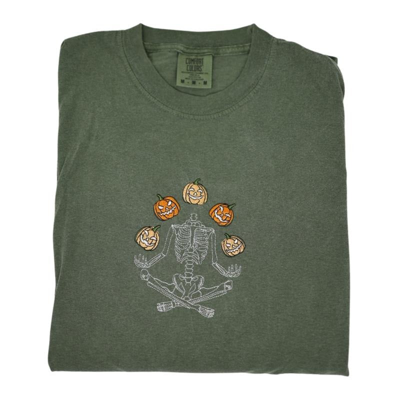 Skeleton Throwing Pumpkin Embroidered Long Sleeve T-Shirt Cotton Classic Top Hoodie, Sweatshirt | WearSparks.com