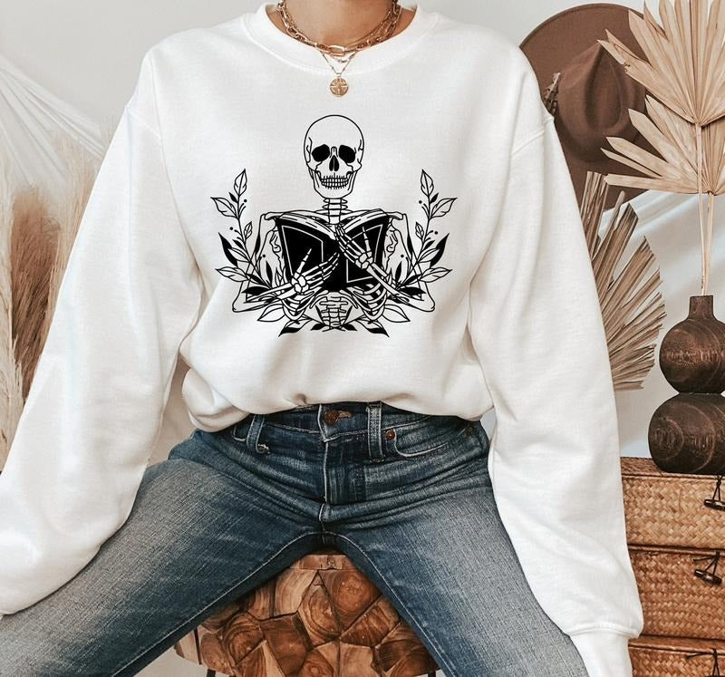 Skeleton With Book Sweatshirt, Reading Sweatshirt, Book Lover Sweat, Gift For Book Lover, Librarian Sweatshirt, Women's...