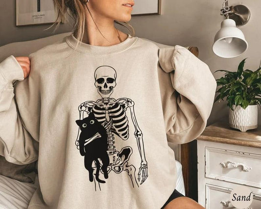 Skeleton and Cat Sweatshirt, Black Cat Halloween Shirt, Spooky Cat Mom Sweater, Gifts for Cat Lovers, Cat Dad Hoodie,...