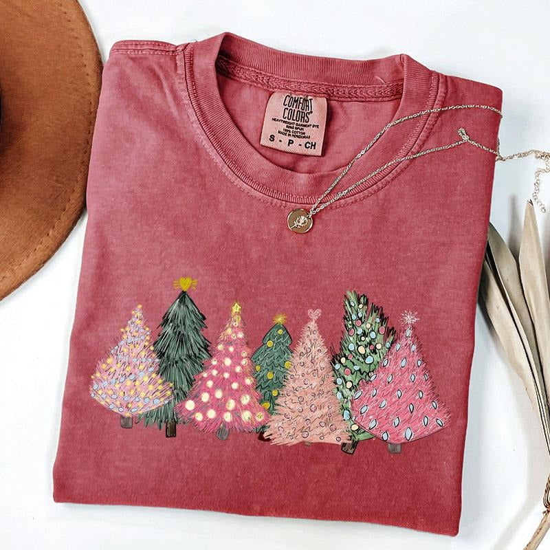 Sketched Christmas Trees, Christmas Heart, Vibrant, Winter, Snow, Xmas Tshirt, Christmas Comfort Colors Tshirt, Women's...