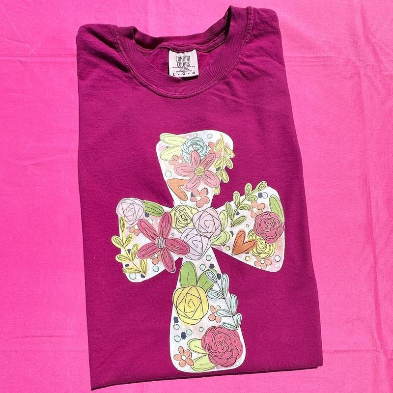Sketched Floral Cross Comfort Colors T-Shirt 'NLB' Hoodie, Sweatshirt | WearSparks.com