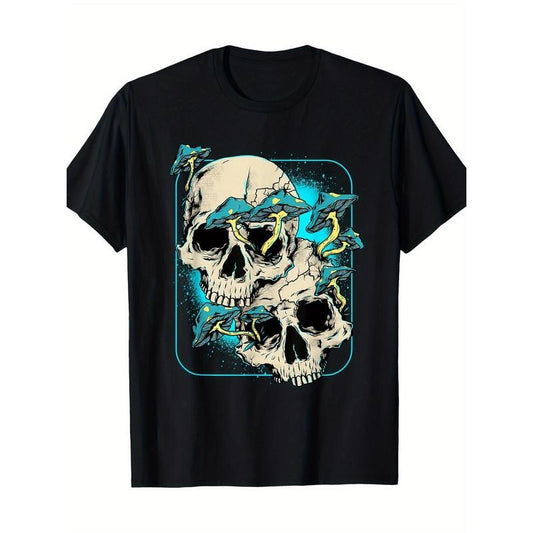 Skull & Mushroom Graphic Tee - 100% Cotton, Goth Cottagecore Style, Short Sleeve, Round Neck