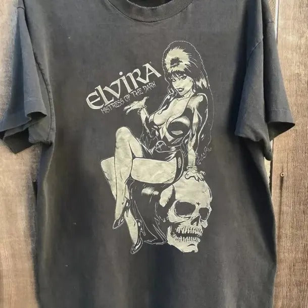 Skull Elvira T-Shirt, Mistress of The Dark 90s Charcoal Unisex tee Hoodie, Sweatshirt | WearSparks.com