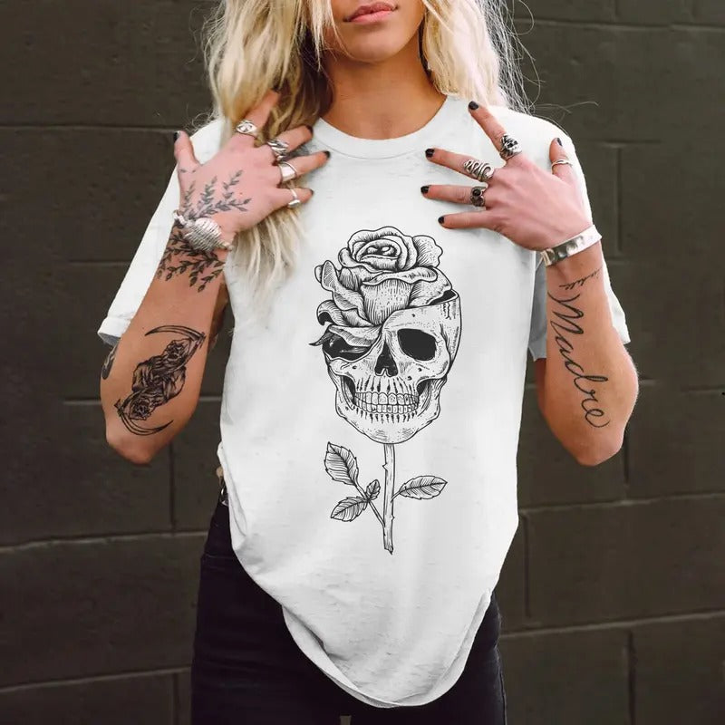 Skull Rose Print Women's T-shirt Hoodie, Sweatshirt | WearSparks.com
