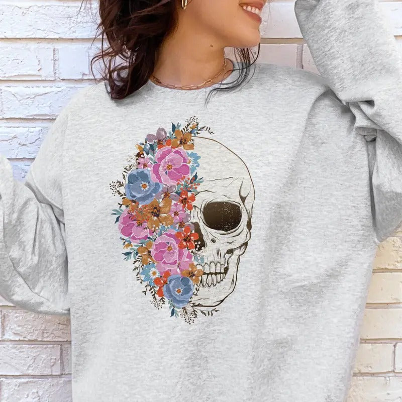 Skull Sweatshirt Pink and Blue Floral Skull Pullover Floral Skeleton Sweatshirt Pink and BLue Flower Half Skull Pullover...