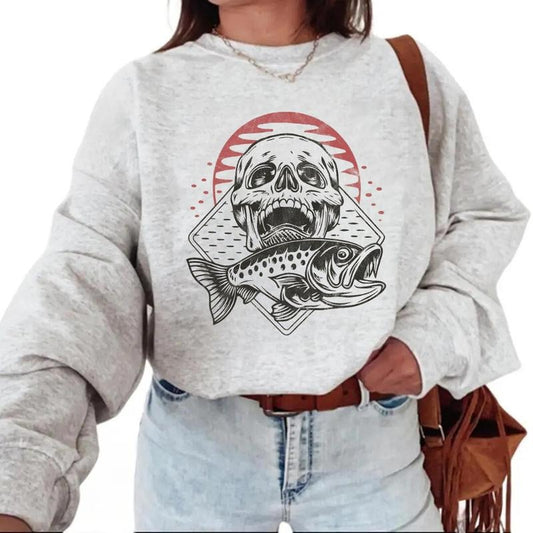 Skull and Fish Dark Fishing Adventure Vintage Sweatshirt Country Fisherman Fisherman for T-Shirts Cotton Pullover...