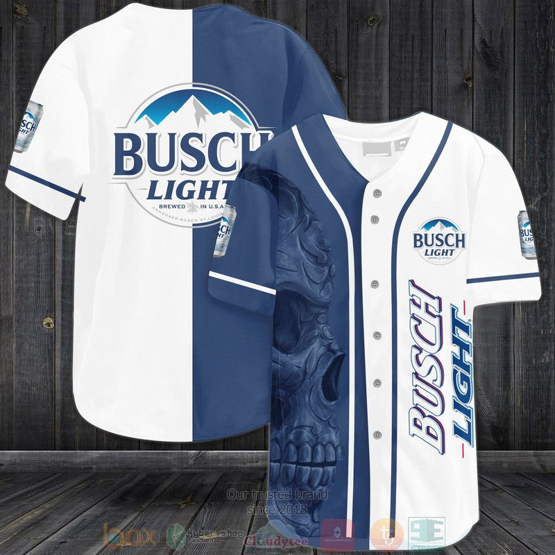 Skull Busch Light blue white Baseball shirt
