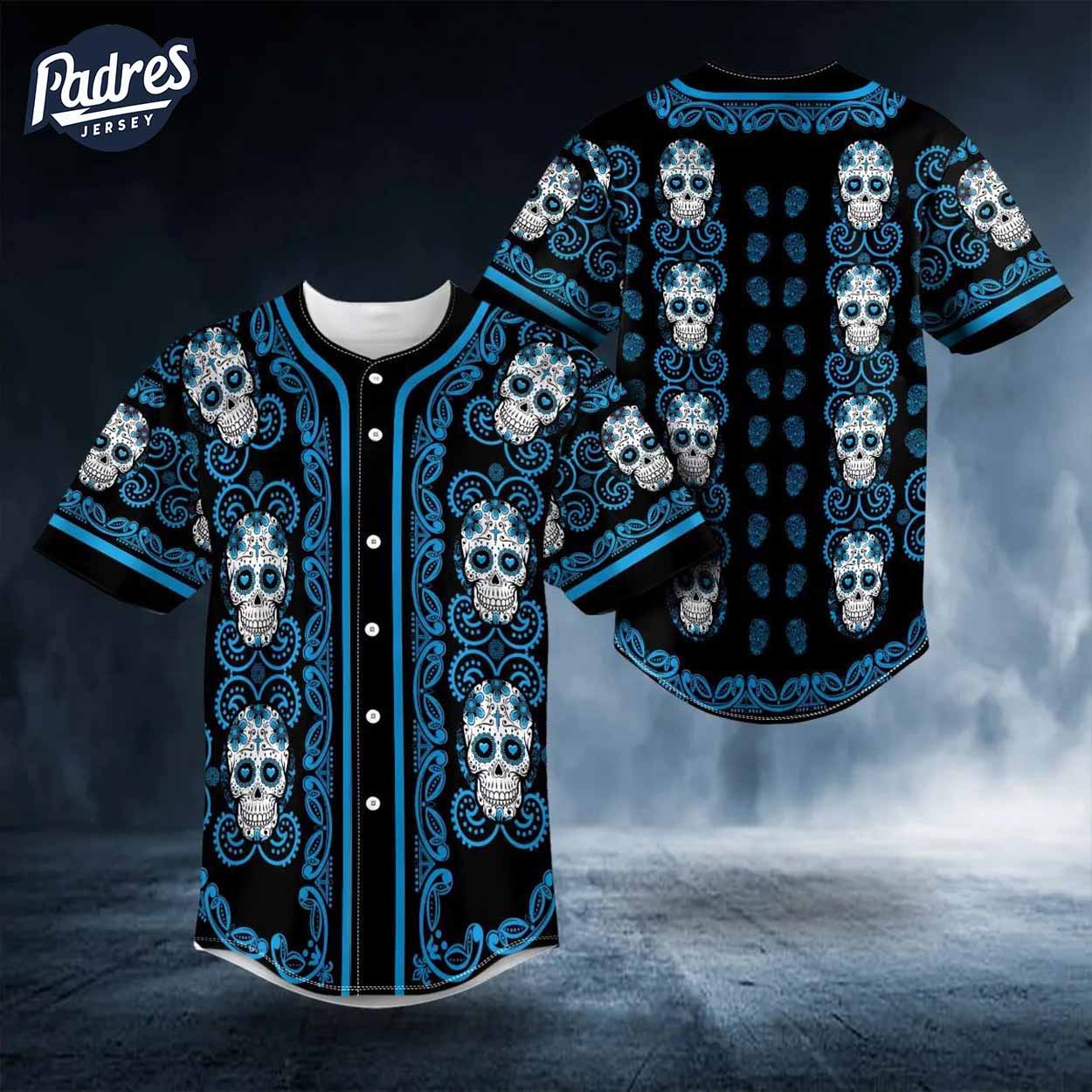 Sky Blue Baseball Jersey Featuring Doodle Floral Sugar Skull Design - Padres Jersey Oasis: Elevate Your Baseball Style...
