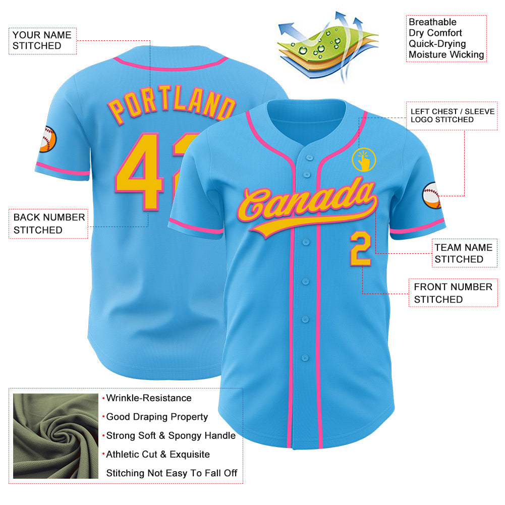 Custom Sky Blue Yellow-Pink Authentic Baseball Jersey