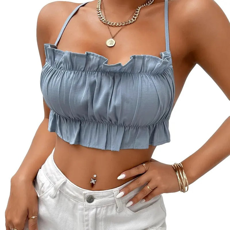 Sleeveless Criss Cross Tie Backless Ruffle Trim Party Going Out Crop Cami Tops T-Shirts, Hoodie, Sweatshirt | WearSparks.com