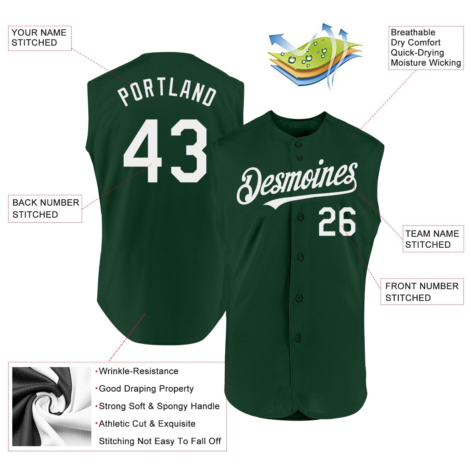 Custom Green White Authentic Sleeveless Baseball Jersey T-Shirts, Hoodie, Sweatshirt | WearSparks.com (Image 2)