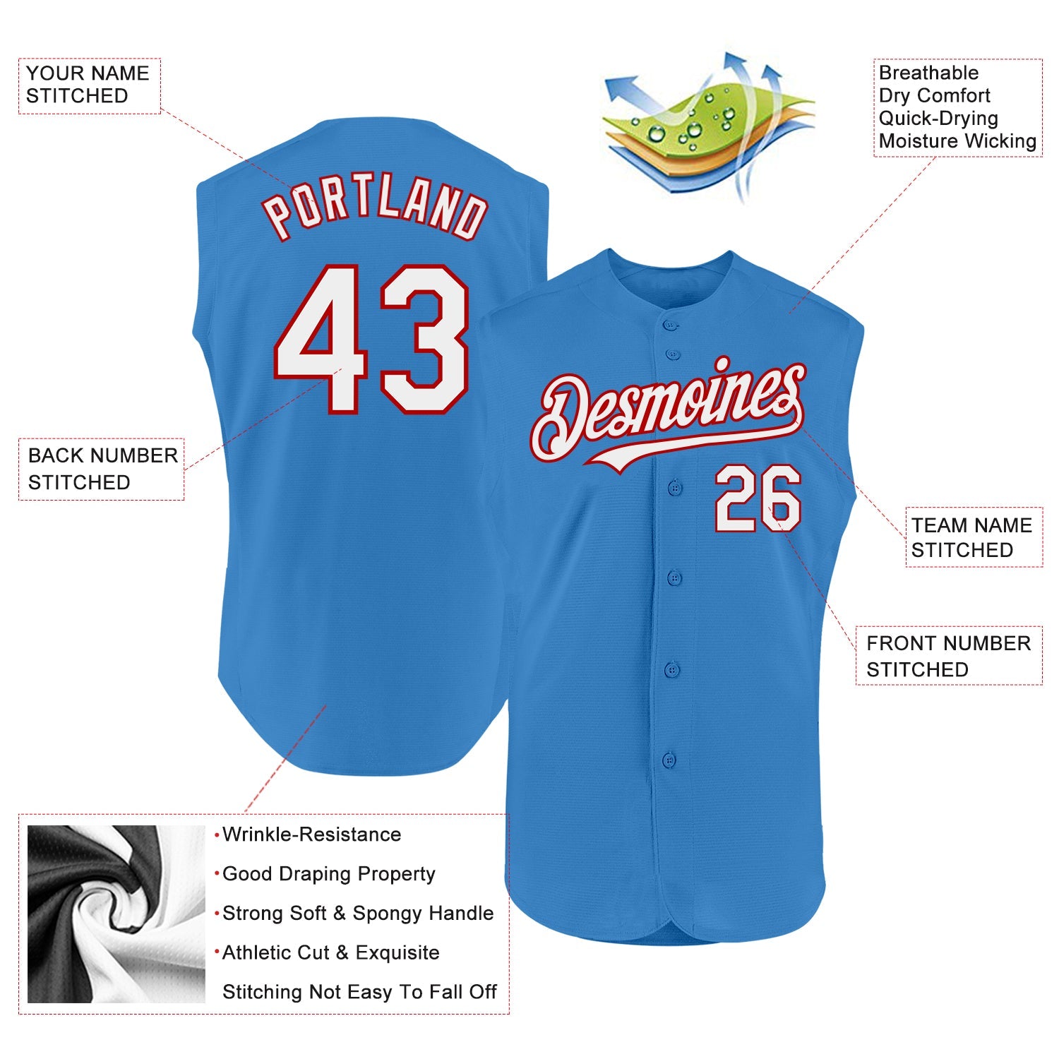 Custom Powder Blue White-Red Authentic Sleeveless Baseball Jersey
