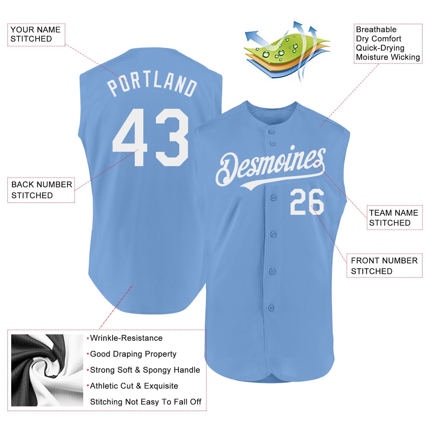 Custom Light Blue White Authentic Sleeveless Baseball Jersey