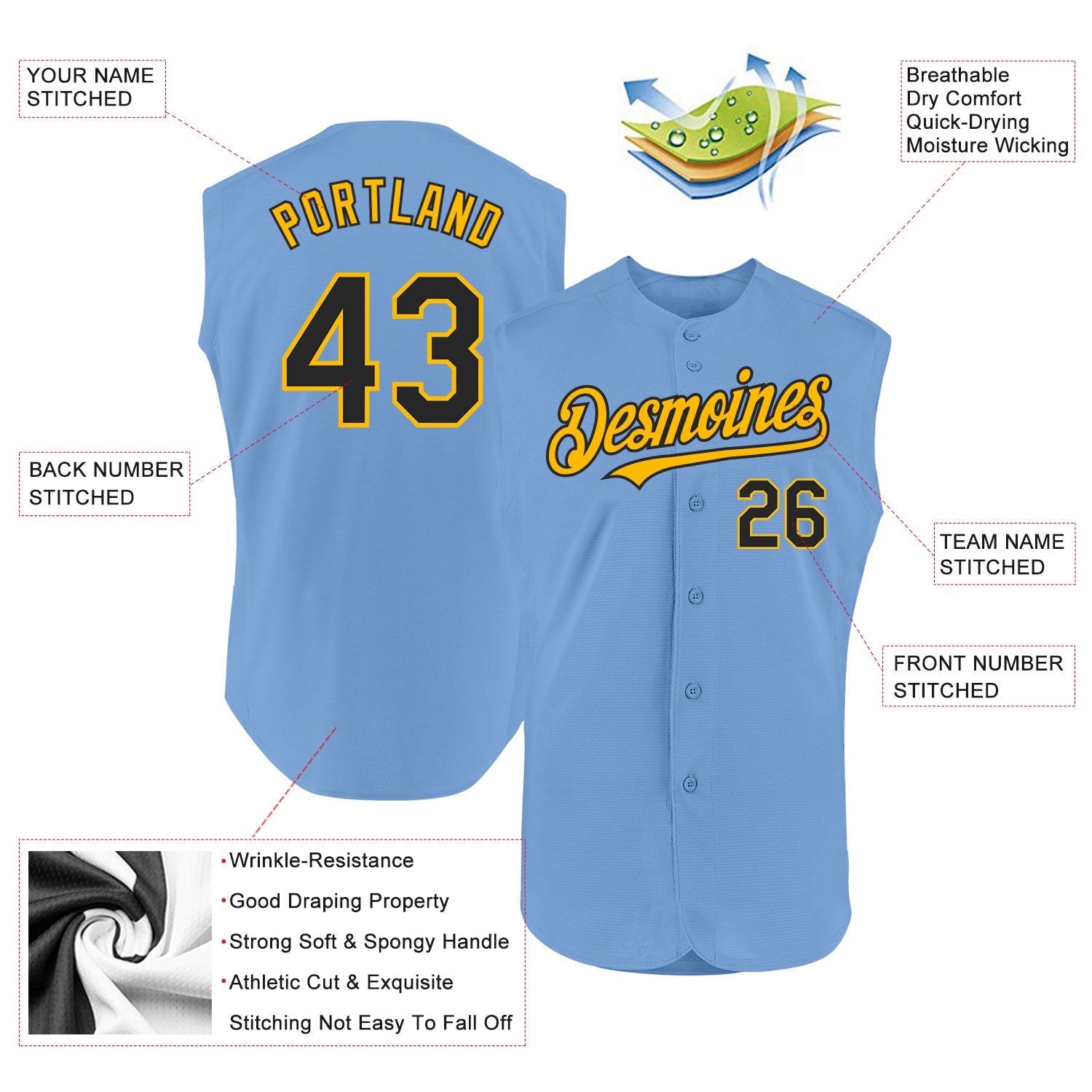 Custom Light Blue Black-Gold Authentic Sleeveless Baseball Jersey T-Shirts, Hoodie, Sweatshirt | WearSparks.com (Image 2)