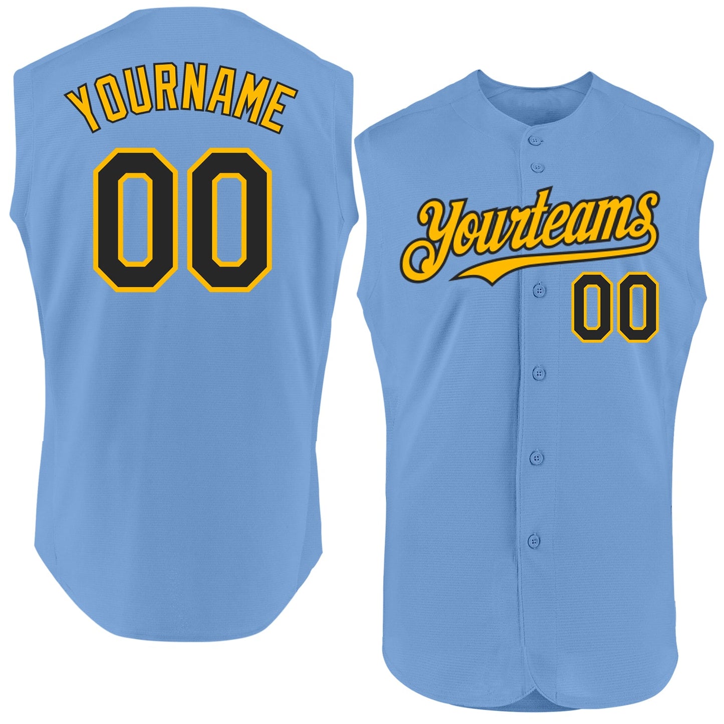Custom Light Blue Black-Gold Authentic Sleeveless Baseball Jersey T-Shirts, Hoodie, Sweatshirt | WearSparks.com (Image 1)