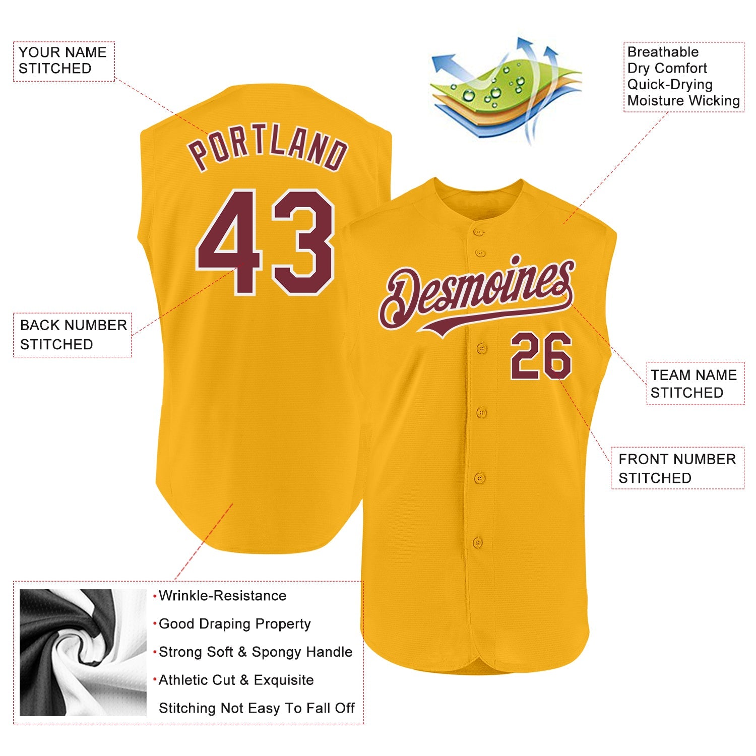 Custom Gold Burgundy-White Authentic Sleeveless Baseball Jersey T-Shirts, Hoodie, Sweatshirt | WearSparks.com (Image 2)