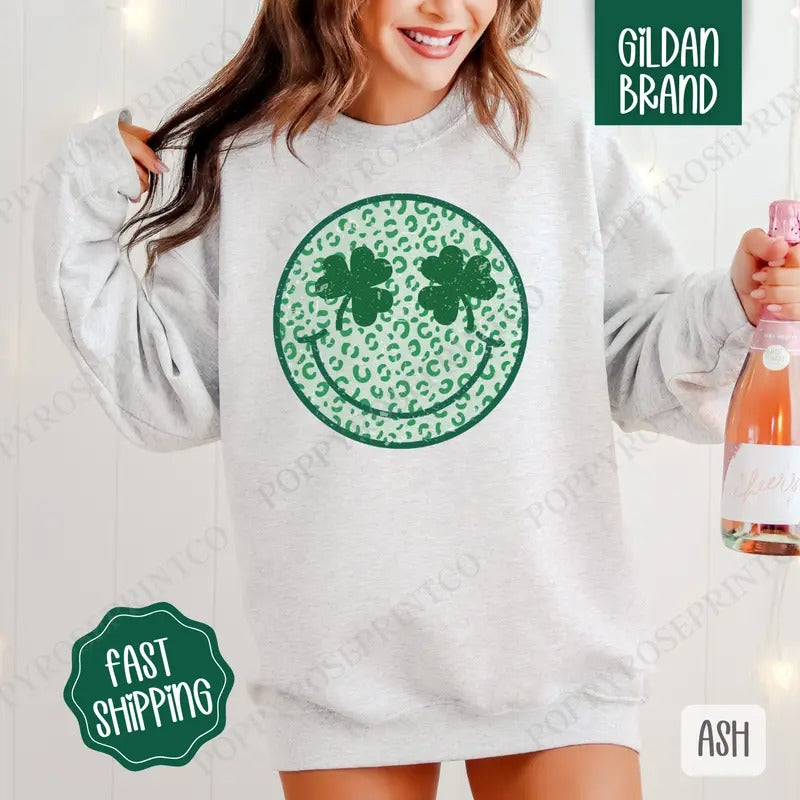 Smiley Face St Patrick Sweatshirt, St Patrick's Day Crewneck, Cute Women's Sweater T-Shirts, Hoodie | WearSparks.com