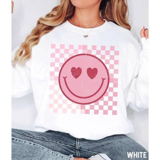 Smiley Face Sweatshirt, Valentines Day Smile Shirt, Retro Happy Face Crewneck, Trendy Checkered Sweatshirt, Cute...