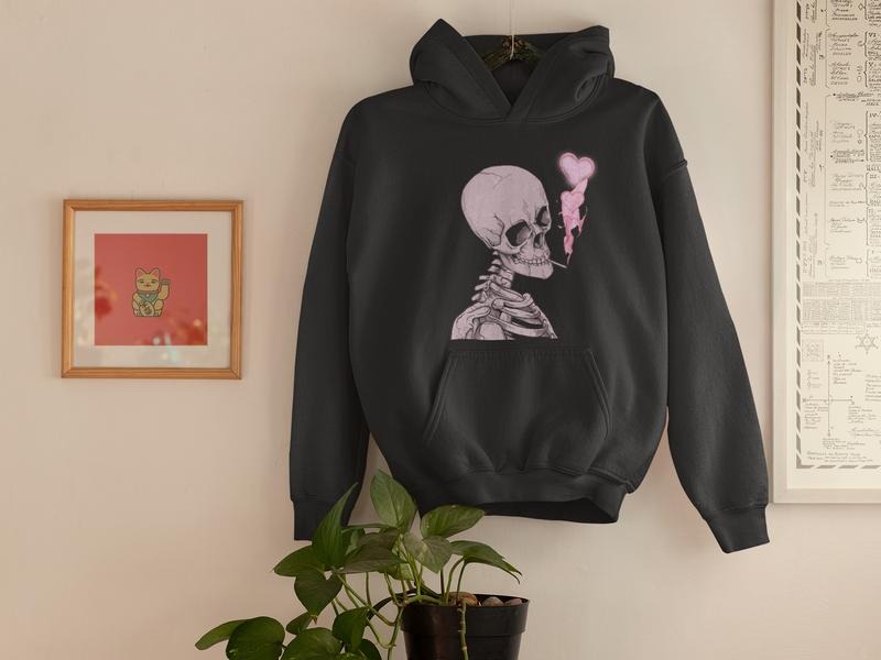 Smoking Skeleton Hoodie, Grunge Streetwear, Pullover Fleece Sweatshirts, Skull Print Sweaters, Soft Cotton Menswear Tops,...