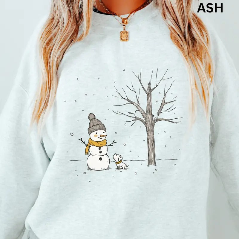 Snowman and dog Crewneck christmas Christmas Winter Graphic Long Sleeve Casual Cotton Polyester Oversized sweatshirt -...