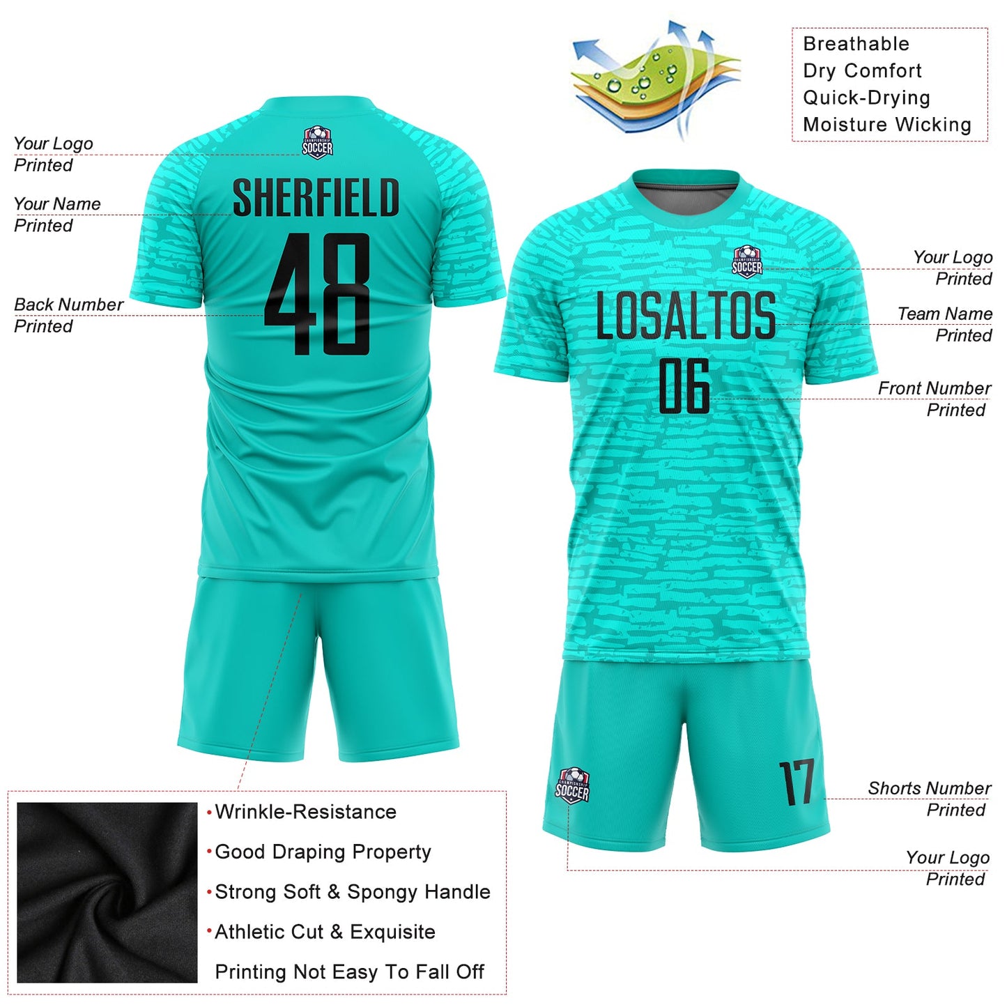 Custom Aqua Black Sublimation Soccer Uniform Jersey T-Shirts, Hoodie, Sweatshirt | WearSparks.com (Image 5)