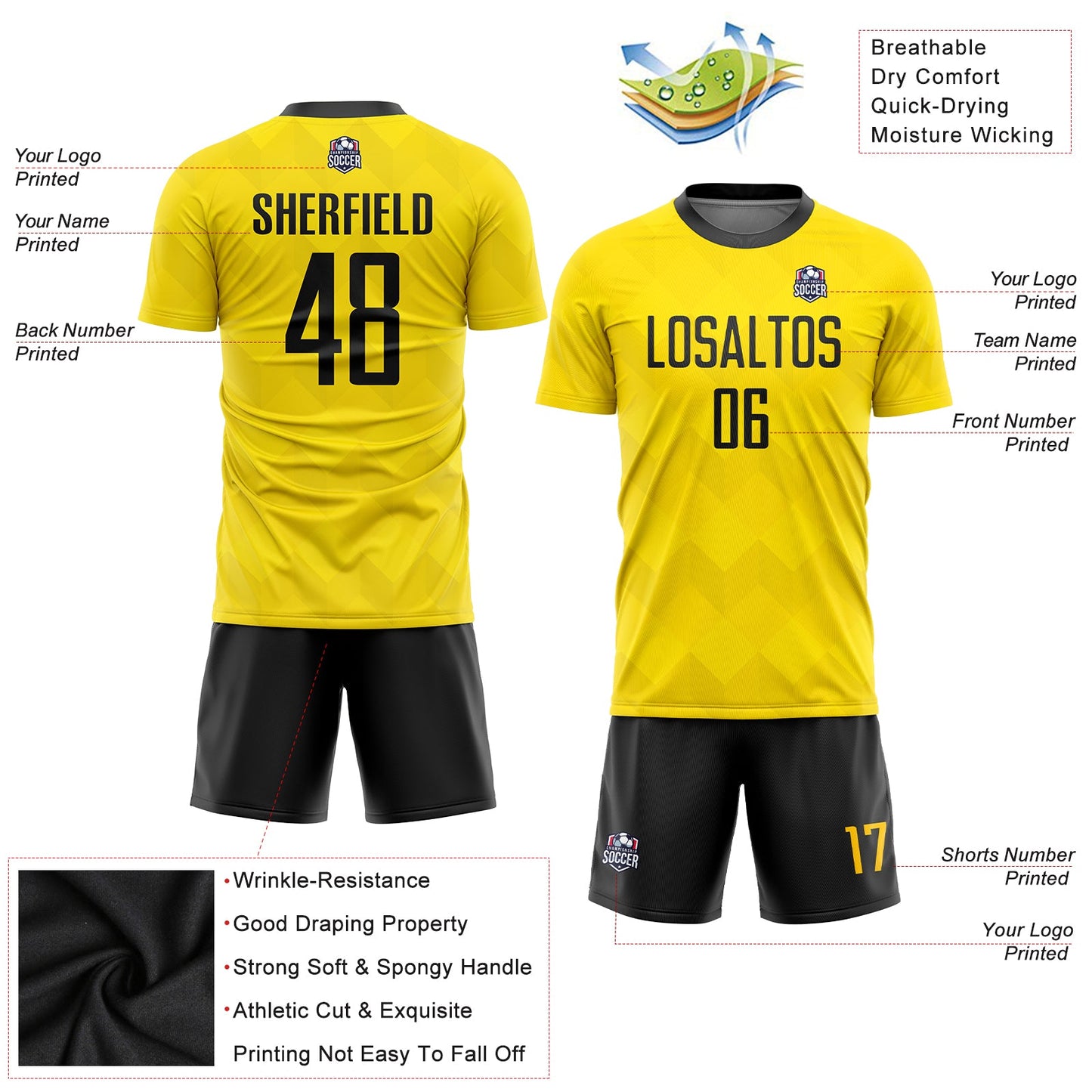 Custom Gold Black Sublimation Soccer Uniform Jersey T-Shirts, Hoodie, Sweatshirt | WearSparks.com (Image 5)