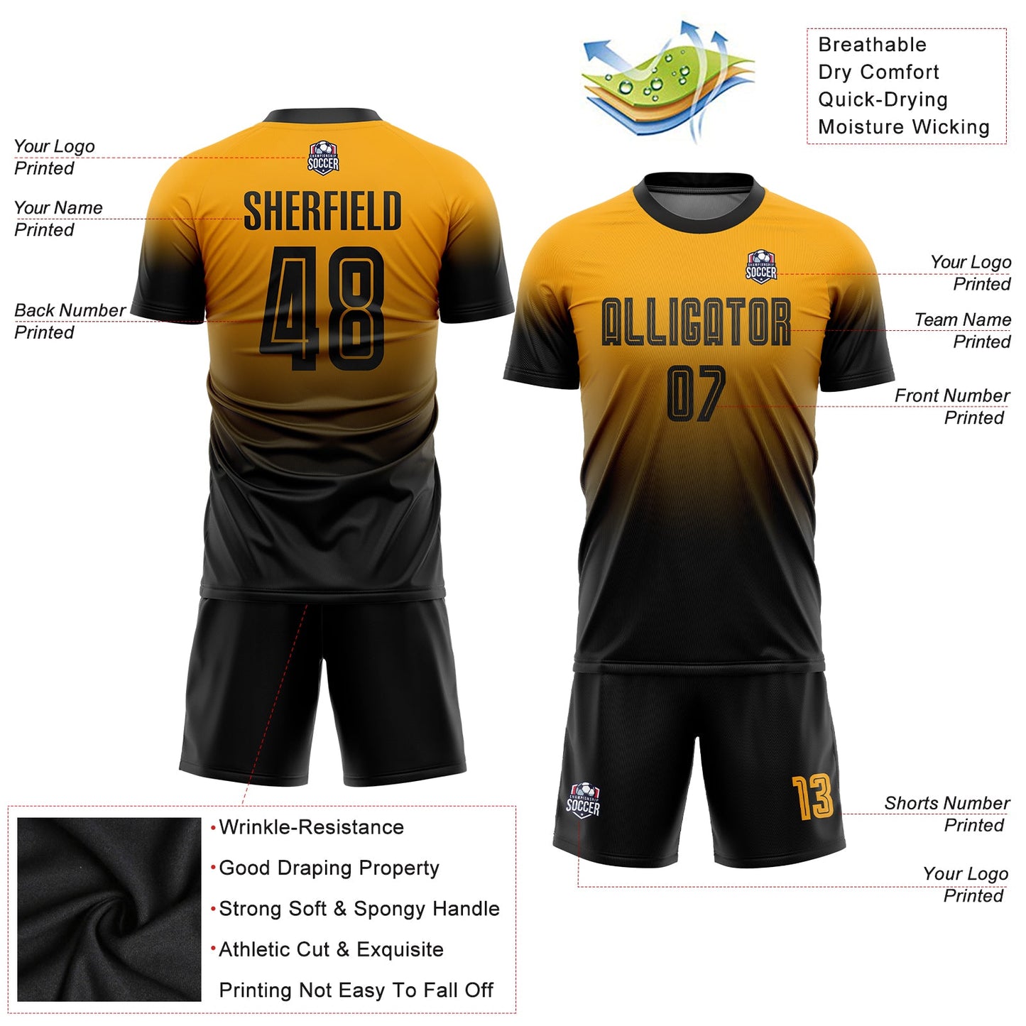 Custom Gold Black Sublimation Fade Fashion Soccer Uniform Jersey T-Shirts, Hoodie, Sweatshirt | WearSparks.com (Image 3)